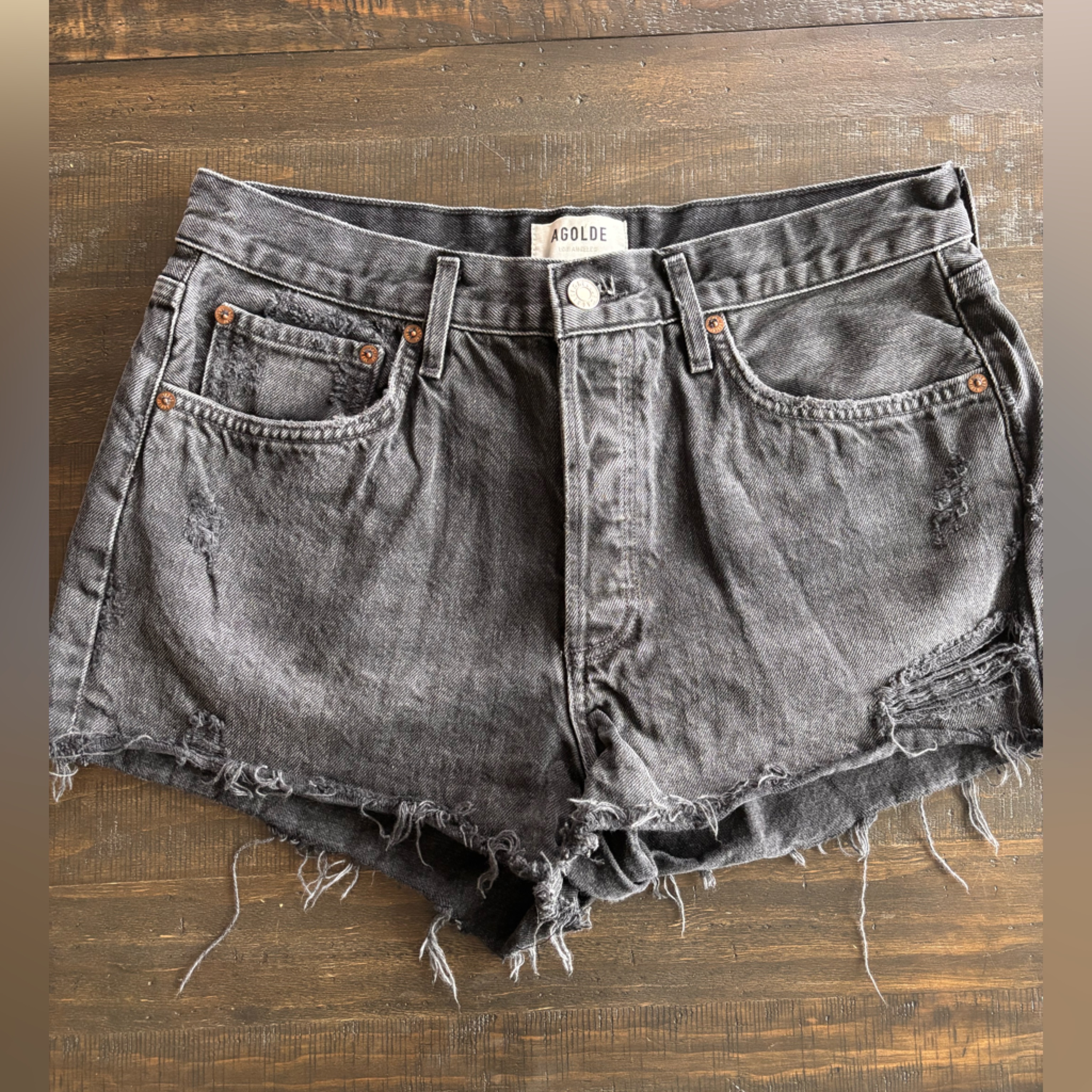 Agolde Washed Black Frayed Hem Denim Shorts